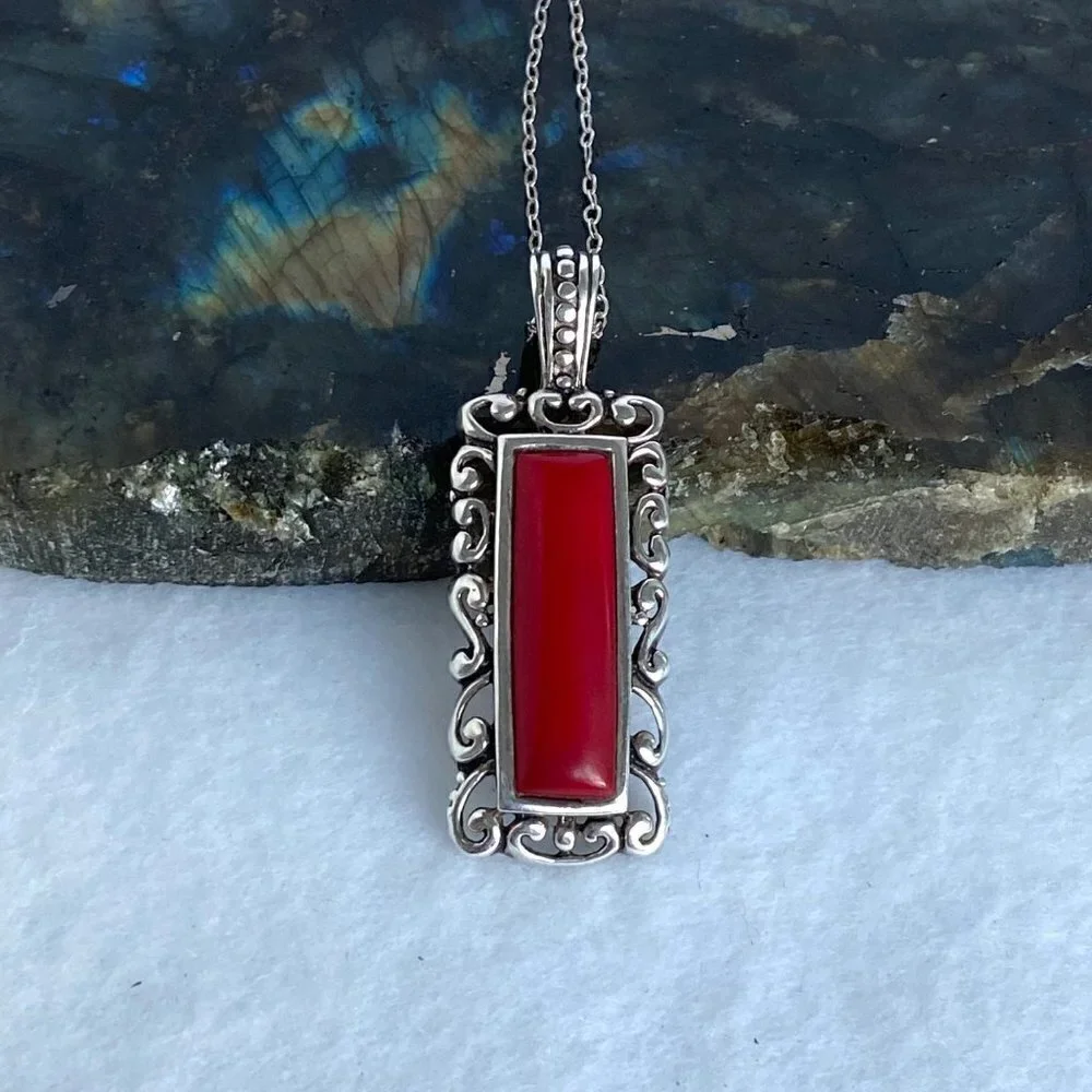 Sterling Silver 925 Faux Red Coral Rectangular Scrollwork Pendant Necklace 20